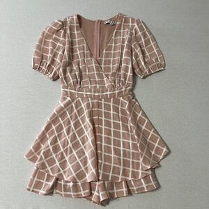 Allison & Kelly Womens S Pink Plaid Romper Puff Sleeve Tiered Skort